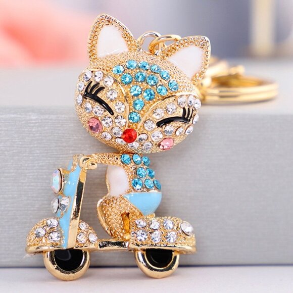 Blue Fox Keychain Rhinestone Fox Charm Fox Bag Charm - Picture 1 of 8